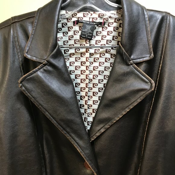 Pierre Cardin espresso leather  jacket size 1x chest 46"  raw edge look - Picture 3 of 5